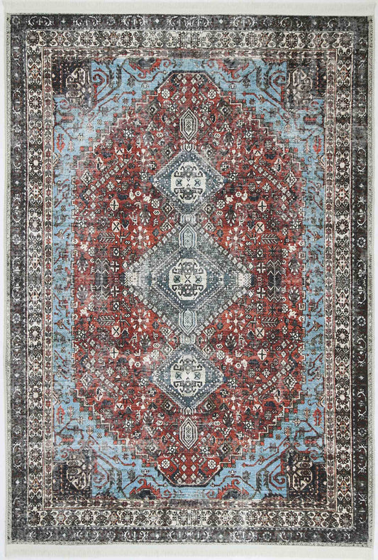 Loane Distressed Vintage Ruby & Sky Blue Rug - VITAL 2923-00 (with fringe)
